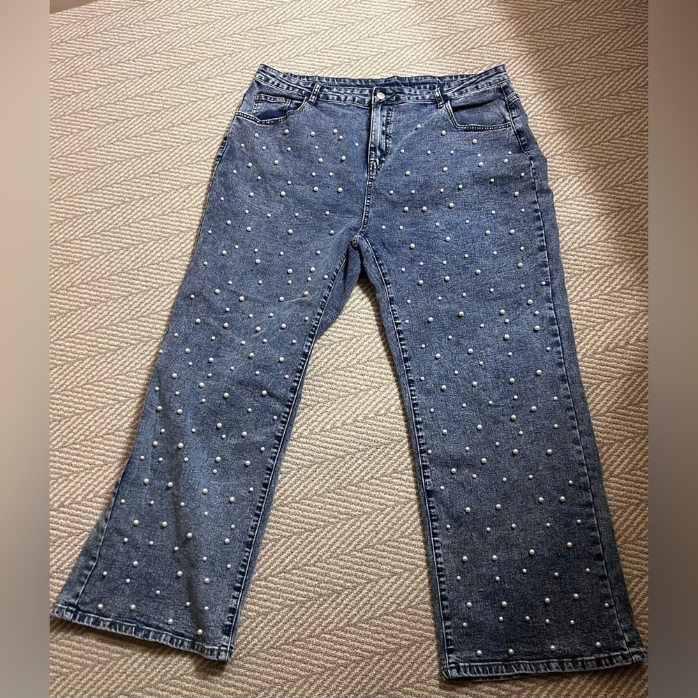 Women's Blue Jeans with Pearl Embellishments
